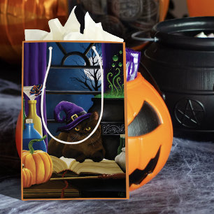 Bolsa De Regalo Mediana Bruja Gato Marrón Magia Púrpura Luna Llena en Ebul