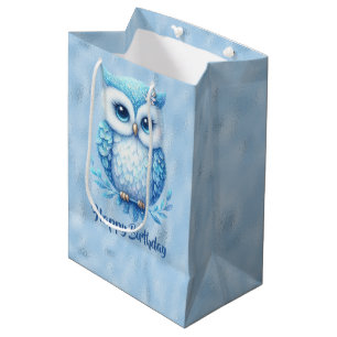 Bolsa De Regalo Mediana Búho azul feliz cumpleaños en azul