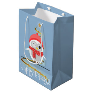 Bolsa De Regalo Mediana Búho lindo del dibujo animado en Red Hat y bufand