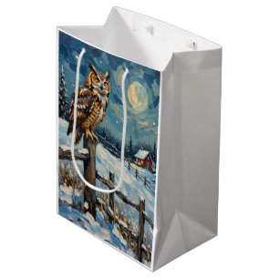 Bolsa De Regalo Mediana Búho Vintage en Cerca Sobre Campo de Navidad Helad