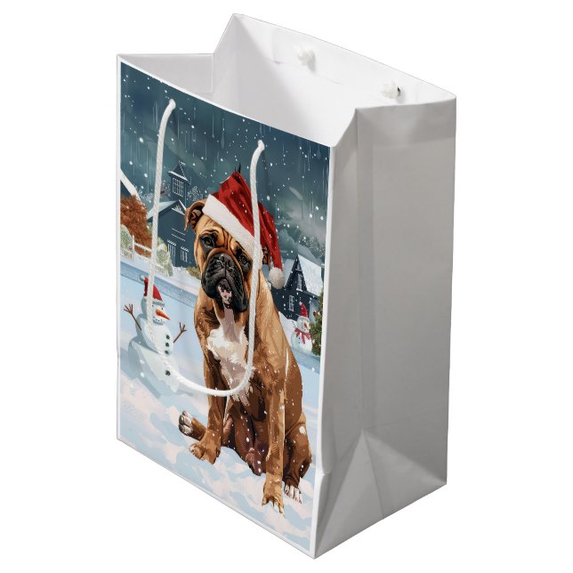 Bolsa De Regalo Mediana Bull Mastiff Dog Winter Wonderland Navidades Joy (Angulo Anverso)