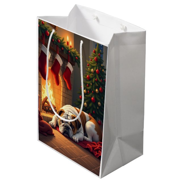 Bolsa De Regalo Mediana Bulldog by the Fireplace Christmas Painting (Angulo reverso)