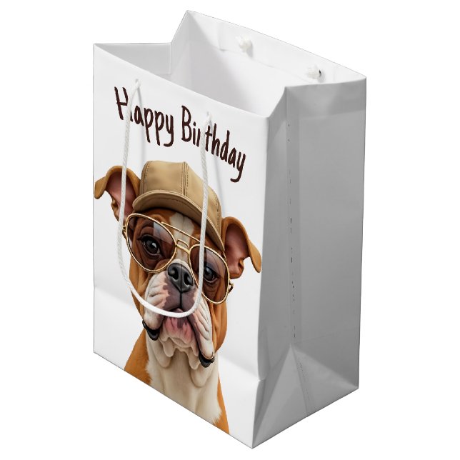 Bolsa De Regalo Mediana Bulldog de cumpleaños con una gorra (Angulo Anverso)