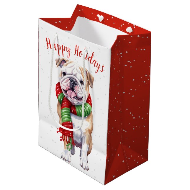 Bolsa De Regalo Mediana Bulldog De navidades En Copos De Nieve (Angulo Anverso)