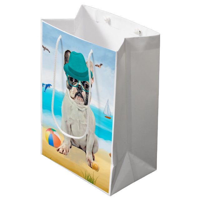 Bolsa De Regalo Mediana Bulldog francés en la playa (Angulo Anverso)