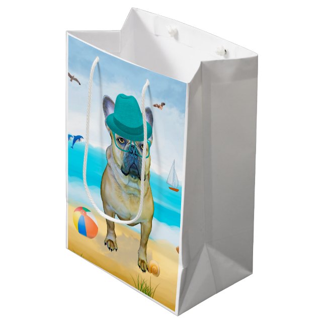 Bolsa De Regalo Mediana Bulldog francés en la playa (Angulo Anverso)
