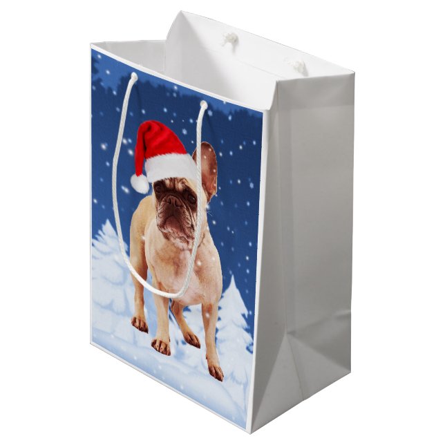 Bolsa De Regalo Mediana Bulldog francés en Navidades de nieve con Santa Ha (Angulo Anverso)