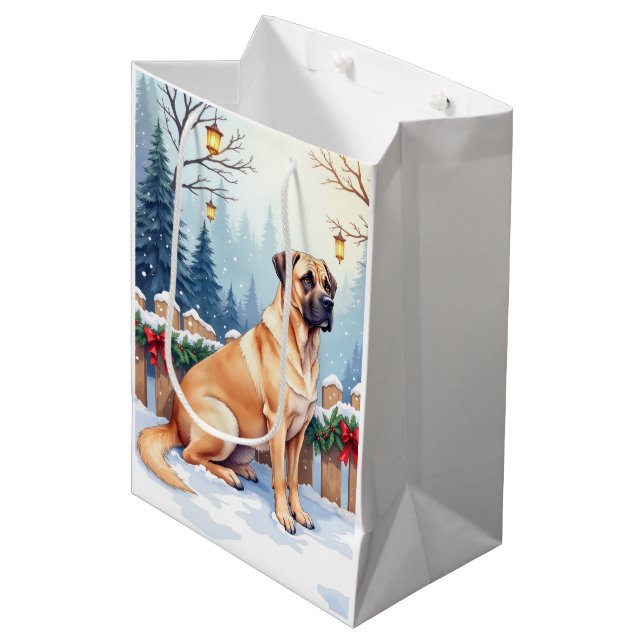 Bolsa De Regalo Mediana Bullmastiff Winter Forest Holly Christmas Art (Angulo Anverso)
