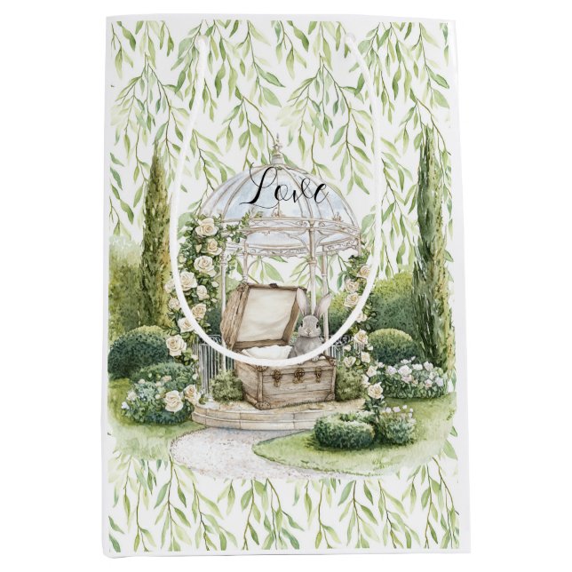 Bolsa De Regalo Mediana Bunny in Chest Green Leaves Floral Christmas (Anverso)