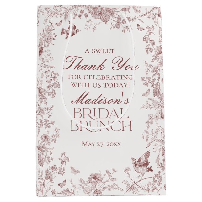 Bolsa De Regalo Mediana Burgundy Floral Toile De Jouy Bridal Brunch Favore (Anverso)