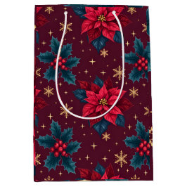 Bolsa De Regalo Mediana Burgundy Poinsettia & Gold Snowflake Dark Feminine
