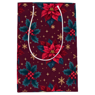 Bolsa De Regalo Mediana Burgundy Poinsettia & Gold Snowflake Dark Feminine