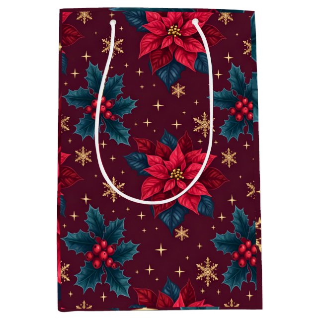 Bolsa De Regalo Mediana Burgundy Poinsettia & Gold Snowflake Dark Feminine (Anverso)