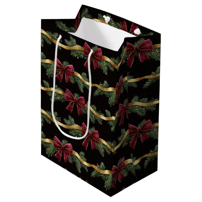 Bolsa De Regalo Mediana Burgundy Red Bows Gold Ribbons Christmas (Angulo Anverso)