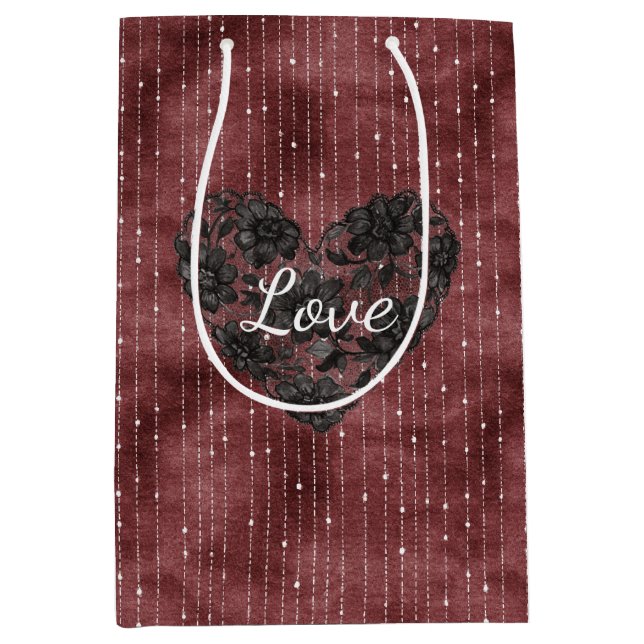Bolsa De Regalo Mediana Burgundy Red White Stripes Black Faux Lace Heart  (Anverso)