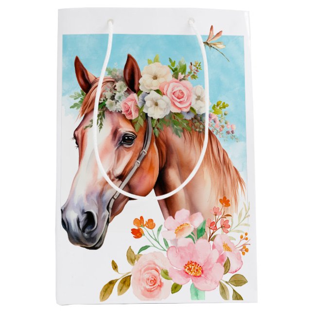 Bolsa De Regalo Mediana Caballo Flores Acuarela  (Anverso)