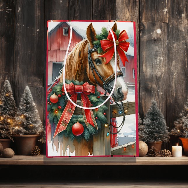 Bolsa De Regalo Mediana Caballo marrón bonito en Navidades de oso rojo (Subido por el creador)