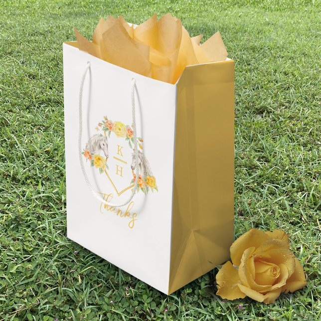 Bolsa De Regalo Mediana Caballos grises y rosas amarillas en monograma gra (Subido por el creador)