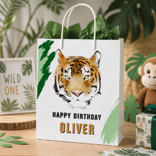 Bolsa De Regalo Mediana Cabeza de Tigre Acuarela Animal Feliz Cumpleaños