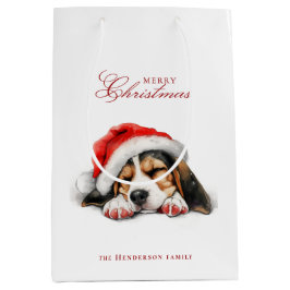 Bolsa De Regalo Mediana Cachorro con Santa hat Nombre personalizado Blanco