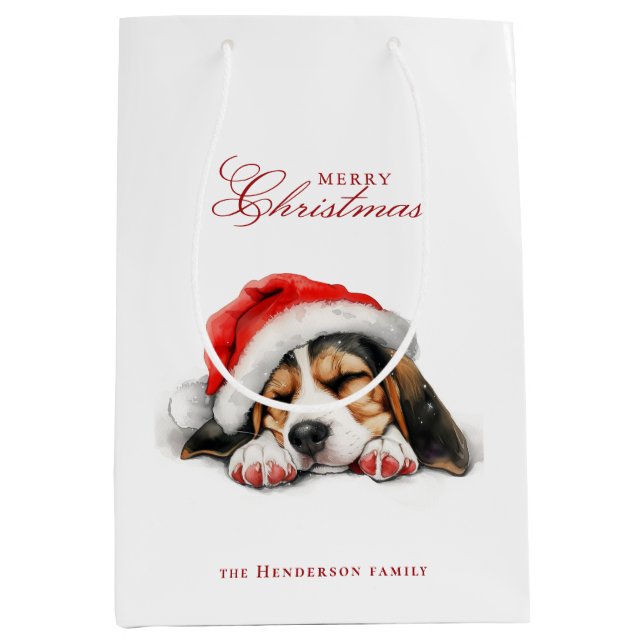 Bolsa De Regalo Mediana Cachorro con Santa hat Nombre personalizado Blanco (Anverso)