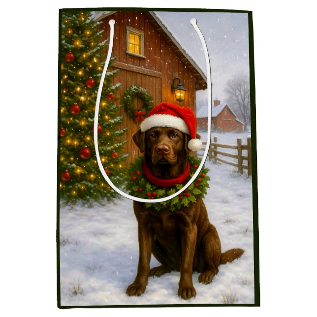 Bolsa De Regalo Mediana Cachorro Labrador de Navidad  (Anverso)