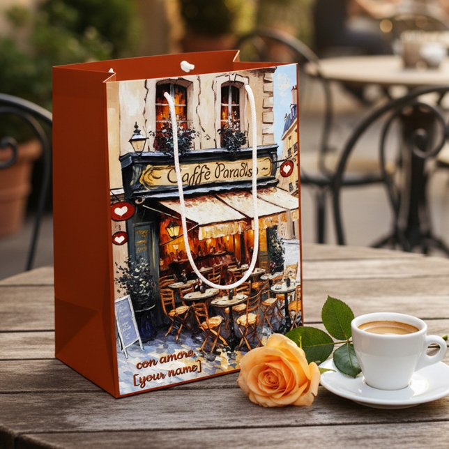 Bolsa De Regalo Mediana Cafetería Italiana Acuarela (Gift bag featuring a watercolor painting of an Italian café)