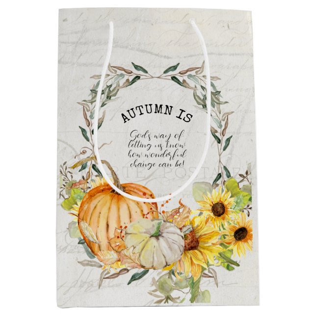 Bolsa De Regalo Mediana Caída Calabaza Sunflower Acuarela Decoración Flora (Anverso)