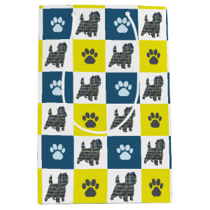 Bolsa De Regalo Mediana Cairn Terrier Dog & Paw Yellow & Blue Grid