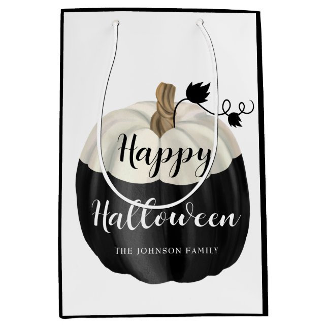 Bolsa De Regalo Mediana Calabaza Blanca Y Negra Feliz Halloween (Anverso)