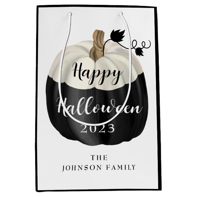 Bolsa De Regalo Mediana Calabaza blanca y negra linda feliz Halloween 2022 (Anverso)