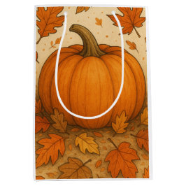 Bolsa De Regalo Mediana Calabaza de Otoño Dorada y hojas de caída