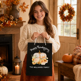 Bolsa De Regalo Mediana Calabaza Floral Personalizada Feliz Día de Acción