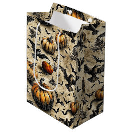 Bolsa De Regalo Mediana Calabazas de Halloween Vintage Murciélagos Cuervos