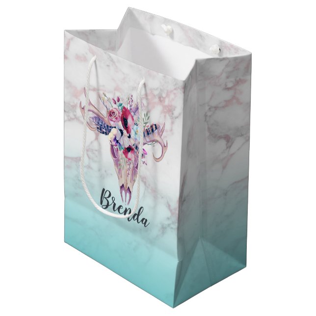 Bolsa De Regalo Mediana Calavera de boho floral moderna y mármol oscuro (Angulo Anverso)