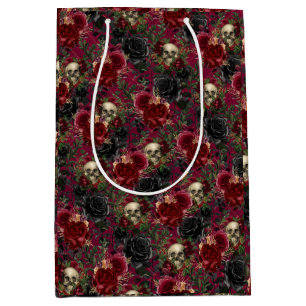 Bolsa De Regalo Mediana Calavera gótica vintage y Rosas rojos y negros