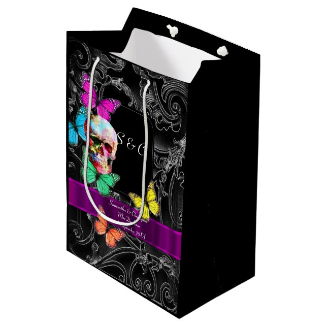 Bolsa De Regalo Mediana Calavera gótica y boda personalizado negro (Angulo Anverso)