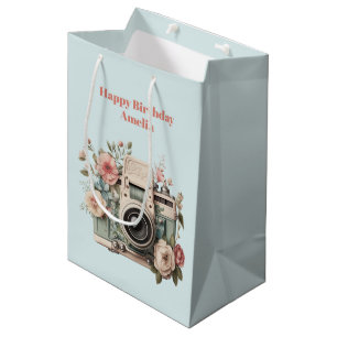 Bolsa De Regalo Mediana Cámara con flores imagen retro pastel cumpleaños