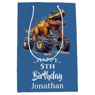 Bolsa De Regalo Mediana Camión Monstruo T-Rex de dinosaurio azul,