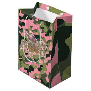 Bolsa De Regalo Mediana Camuflaje de camo verde rosa y unicornio Purpurina