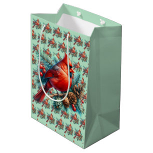 Bolsa De Regalo Mediana Cardenal en rama de pino con bayas de invierno