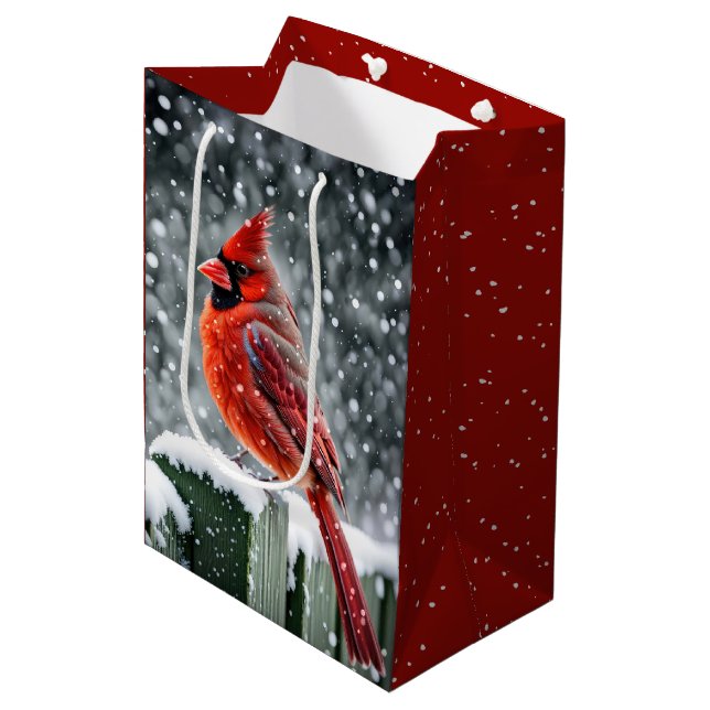 Bolsa De Regalo Mediana Cardenales Rojos navidades En Copos De Nieve (Angulo Anverso)
