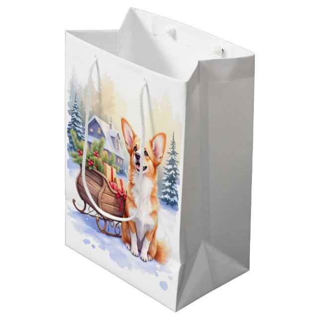 Bolsa De Regalo Mediana Cardigan Welsh Corgi Festive Sleigh Christmas Art (Angulo Anverso)