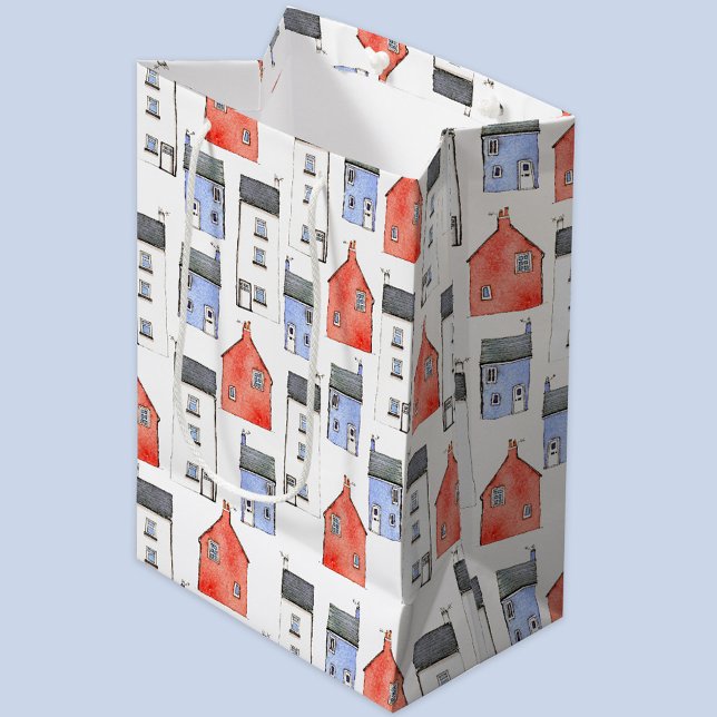 Bolsa De Regalo Mediana Casa de acuarela Arte Calentamiento de casas (Watercolor house pattern housewarming gift bag)