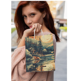 Bolsa De Regalo Mediana Casa de montaña Escandinavia Retro Art