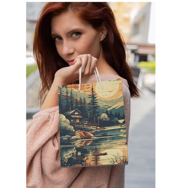 Bolsa De Regalo Mediana Casa de montaña Escandinavia Retro Art (Subido por el creador)