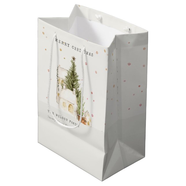 Bolsa De Regalo Mediana Casas de Árboles de Nieve Blanca Feliz Saludo de N (Angulo Anverso)