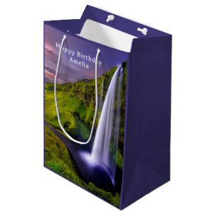 Bolsa De Regalo Mediana Cascada Islandesa Foto de Cumpleaños Verde Natural