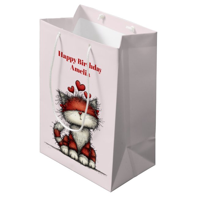 Bolsa De Regalo Mediana Cat with Red Love Hearts Cute and Funny Birthday (Angulo Anverso)