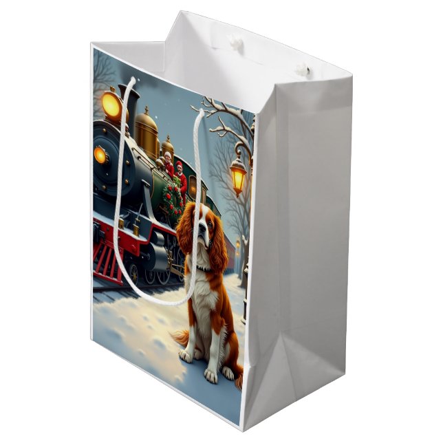Bolsa De Regalo Mediana Cavalier King Charles Spaniel Christmas Train (Angulo Anverso)